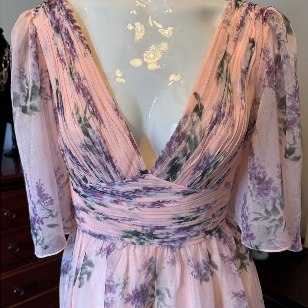 Ieena for Mac Duggal Pink Floral Flutter Sleeve Deep V Neck Mini Dress Size 6 - Picture 13 of 16